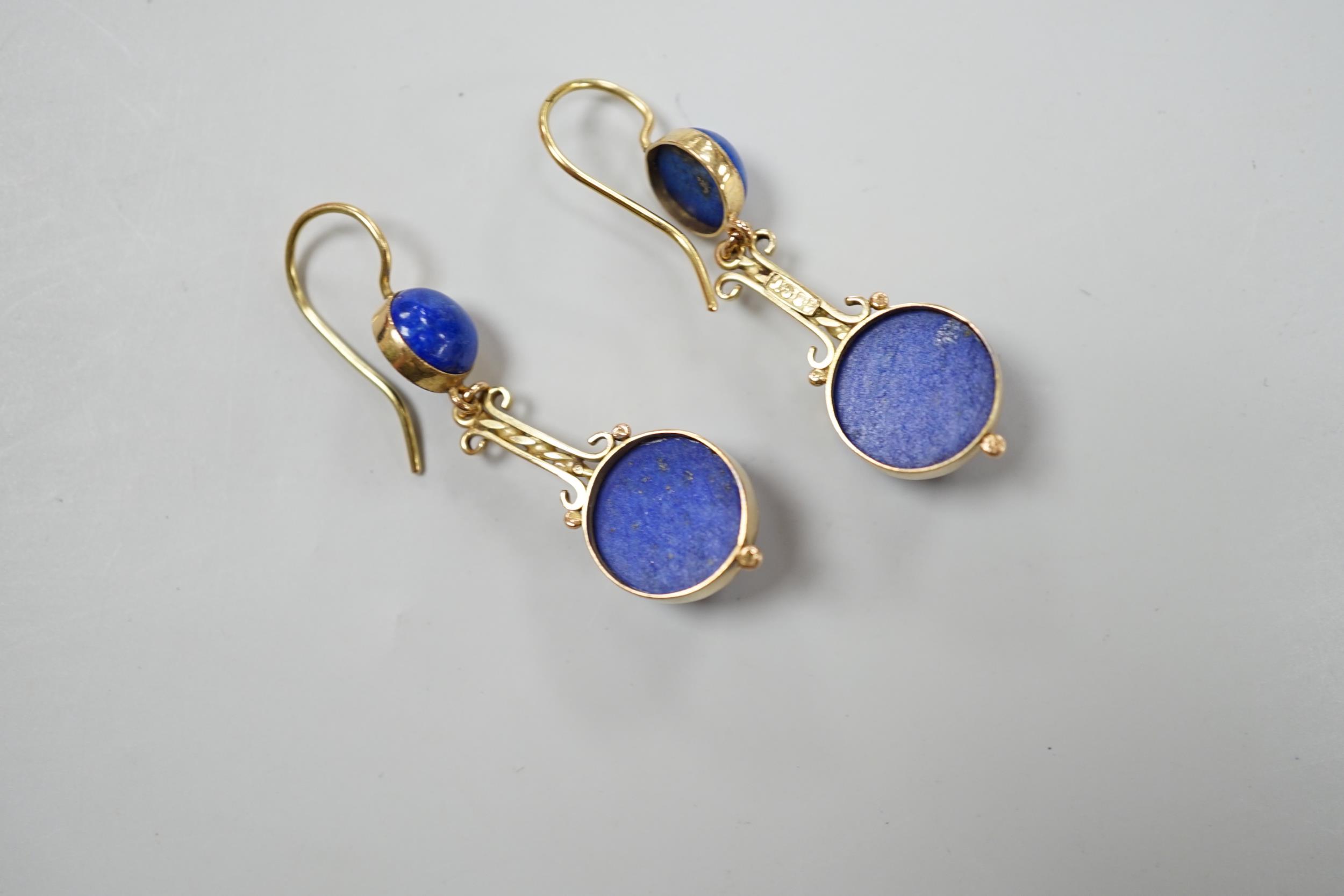 A pair of Victorian style gold and lapis lazuli drop earrings, 3.5cm, gross 7.6 grams - Image 2 of 3