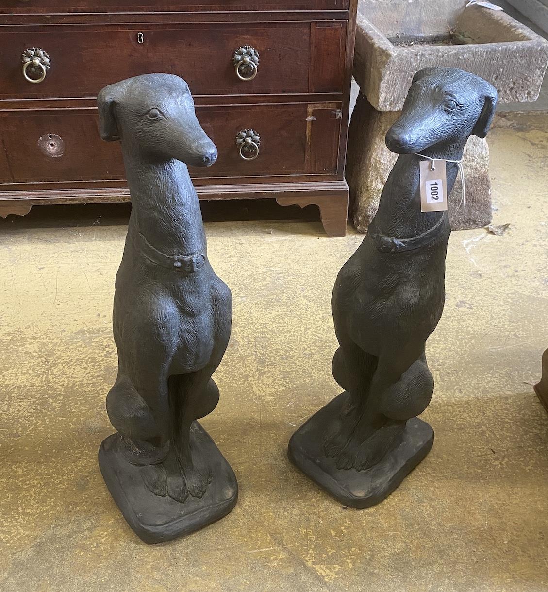 A pair of painted cast stone seated greyhound garden ornaments, height 74cm - Image 2 of 2