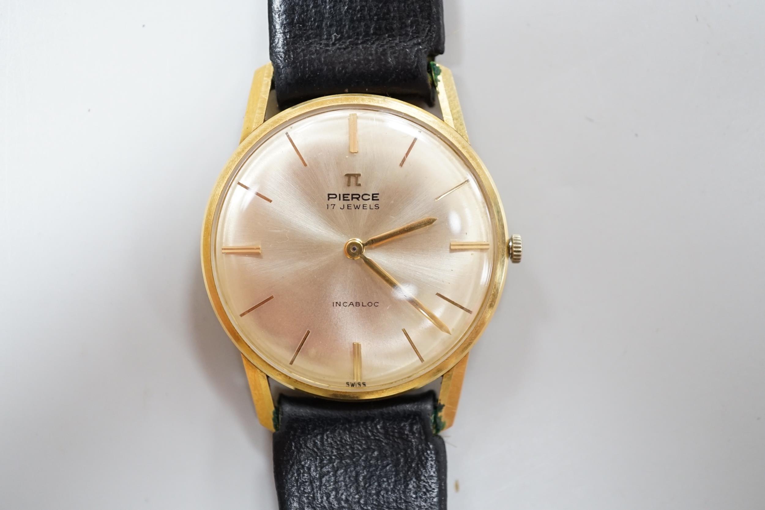 A gentleman's 18K Pierce Incabloc wrist watch, number 12175, with later black leather strap - Image 4 of 4