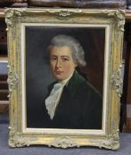English School, oil on canvas, Portrait of a gentleman wearing a powdered wig and frock coat, 59 x