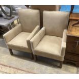 A pair of contemporary club chairs in faux suede fabric, width 62cm, depth 79cm, height 95cm