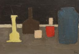 After Nicholas De Stael (1914-1955) abstract impasto oil on board, Still life of vessels, 75 x 50cm