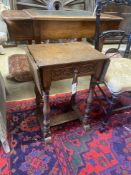 A Jacobean revival oak drop flap occasional table, width 41cm, depth 31cm, height 59cm and a