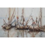 Lily R Ednie (b.1876) watercolour, fishing boats at anchor, 47cm x 33cm