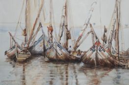 Lily R Ednie (b.1876) watercolour, fishing boats at anchor, 47cm x 33cm