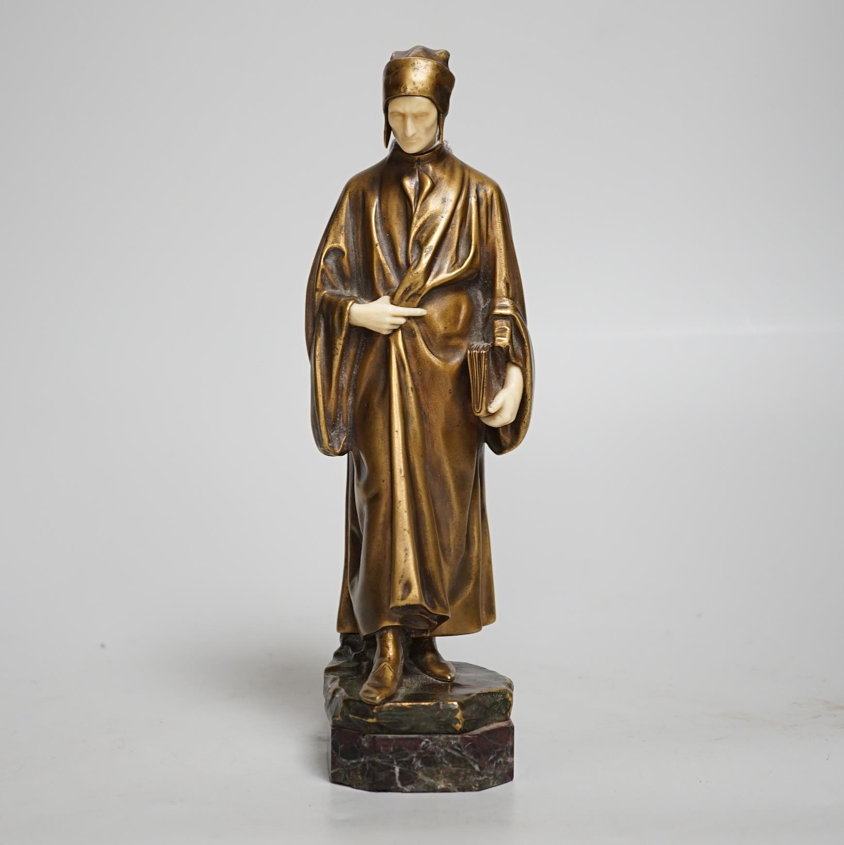 A. Faguelle. A bronze and ivory figure of Dante, c.1900, foundry Susse Frere Ed. Paris, 21cm high.