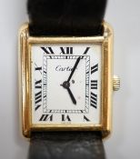 A lady's gold plated Cartier Tank wrist watch, with quartz movement, 2.5cm