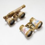 A pair of gilt brass and enamelled opera glasses and a similar pair of mother-of-pearl veneered