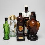 Five novelty empty flasks including Napoleon brandy and Cossack vodka