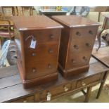 A pair of Victorian and later mahogany three drawer bedside chests, width 38cm, depth 43cm, height