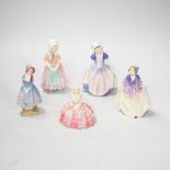 Five royal Doulton figurines, three figures pre HN numbers: Priscilla M5, Chloe M9, Sweet Anne M.5