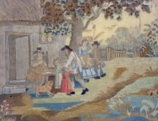 An early 19th century embroidery on silk of figures before a cottage, 47 x 37cm