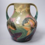 Large Moorcroft ‘Carp’ vase with twin handles designed by Sally Tuffin decorated with carp, 33cm