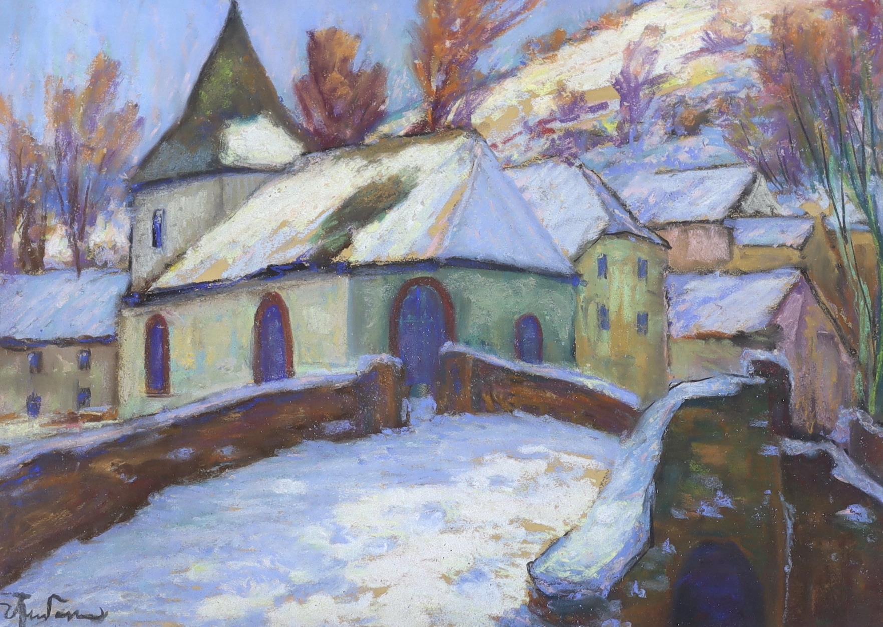 Continental School, heightened pastel and mixed media, Snowy townscape with church, indistinctly