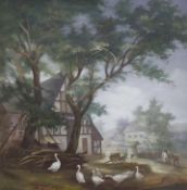 20th century, oil on canvas, Farmyard scene with figures and animals, 63 x 63cm