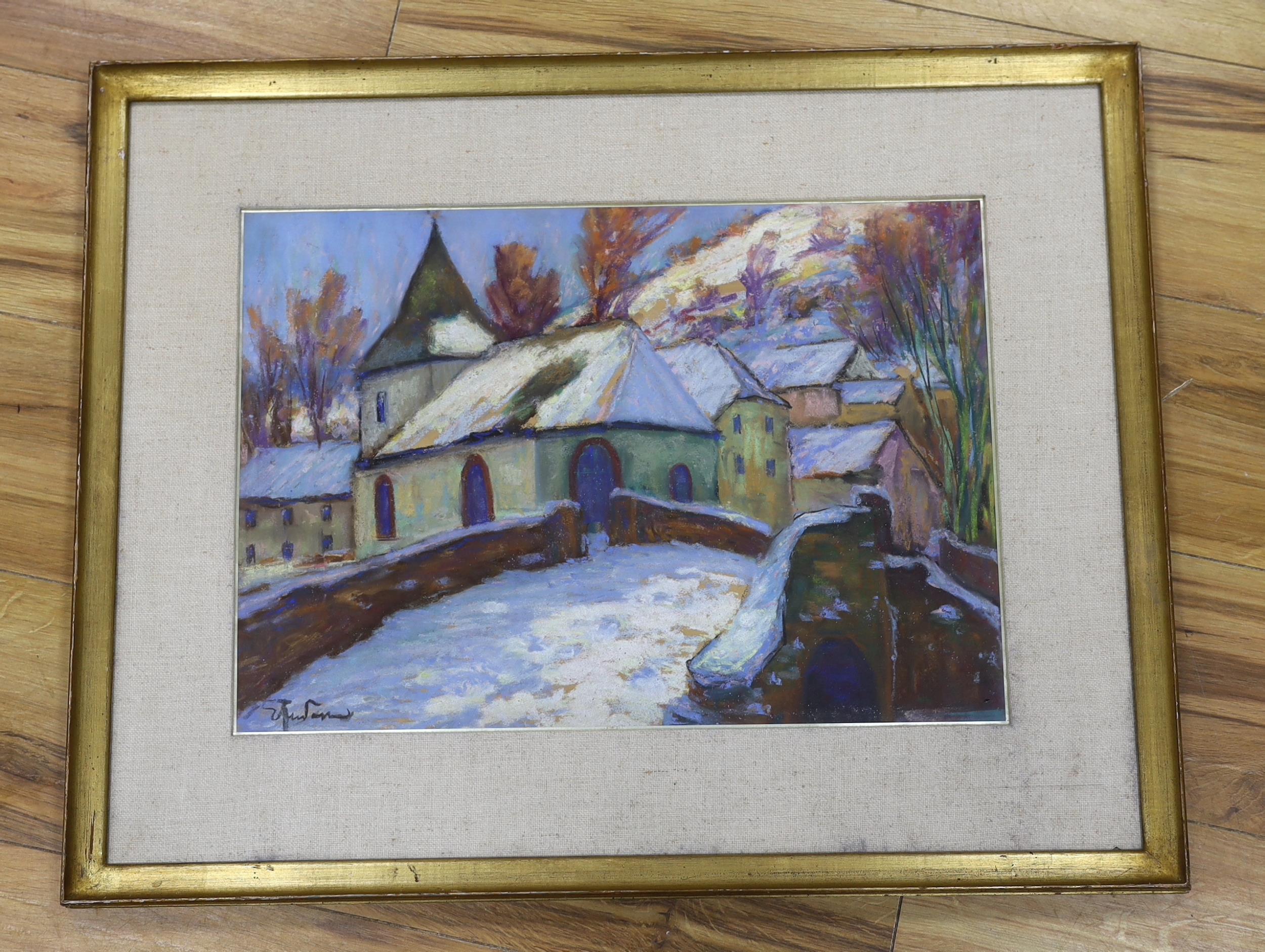 Continental School, heightened pastel and mixed media, Snowy townscape with church, indistinctly - Image 3 of 3