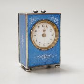 A 20th century Continental 935 standard blue enamelled white metal miniature timepiece, with