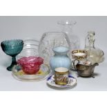 A boxed Tiffany glassvase other glassware and porcelain tea wares, Tiffany vase 23cm high