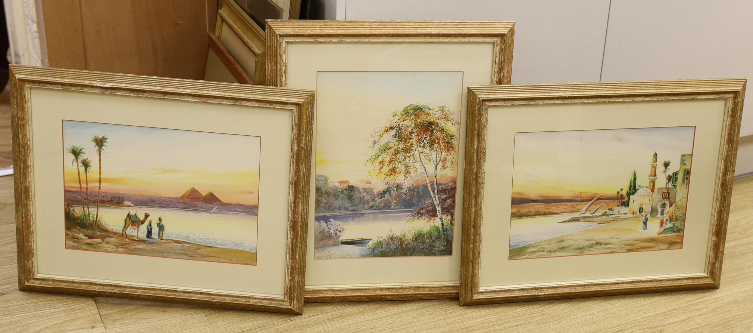 T. W. Atkinson (1942), mid 20th century set of three watercolours, Eastern landscapes with figures