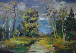 Russian School, impressionist oil on canvas, Woodland landscape, signed, 98 x 68cm