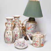 A pair of Chinese famille rose vases and a lamp base and a teapot and a Samson of Paris cup and