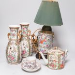 A pair of Chinese famille rose vases and a lamp base and a teapot and a Samson of Paris cup and