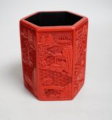 A Chinese cinnabar lacquer hexagonal brushpot, 14.5cm high Provenance - the vendor lived in Hong