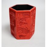 A Chinese cinnabar lacquer hexagonal brushpot, 14.5cm high Provenance - the vendor lived in Hong