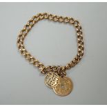 A 15ct gold link marked curblink bracelet, with pierced Chinese 18K coin charm, and an unmarked