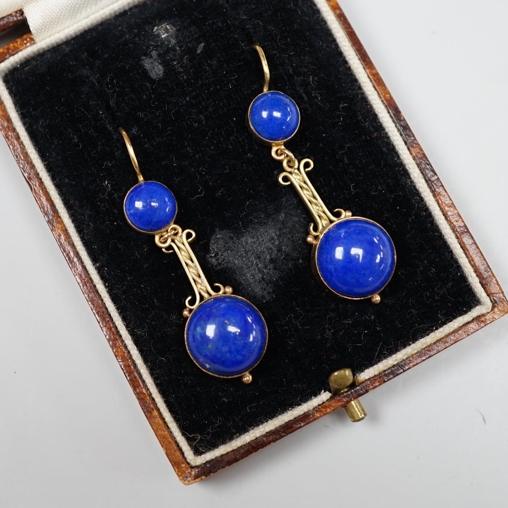 A pair of Victorian style gold and lapis lazuli drop earrings, 3.5cm, gross 7.6 grams