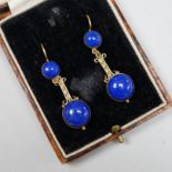 A pair of Victorian style gold and lapis lazuli drop earrings, 3.5cm, gross 7.6 grams