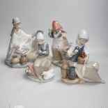 Four Lladro models, a girl potter, girl with ducks, mother and child with pottery and girl with a