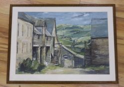 Trevor Taylor (1990), oil on paper, Rural landscape with farm buildings, 72 x 50cm