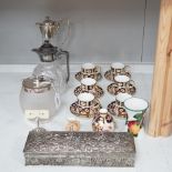 A quantity of items including two glass carafes, glass biscuit barrel, metal box, a Royal Crown