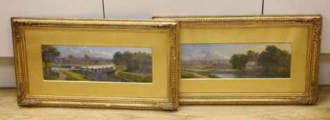 English School circa 1900, pair of oils on board, Canal scenes, indistinctly monogrammed, each 35