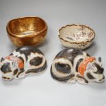 Japanese ceramics comprising pair of cats, satsuma bowl and a gilded example, the largest 17cm wide