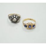 An 18ct gold sapphire and diamond dress ring, size R, gross 2.8 grams and a 19th century rose