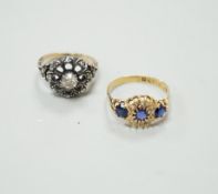 An 18ct gold sapphire and diamond dress ring, size R, gross 2.8 grams and a 19th century rose