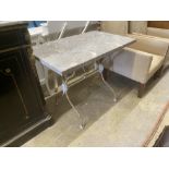 A rectangular marble topped wrought iron garden table, width 93cm, depth 60cm, height 73cm