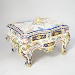 Ten items of French faience pottery, Mosanic commode shaped box, 23cm wide x 15cm high x 17cm deep