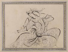 Late 19th / early 20th century Persian School, pen and ink, two figures dancing, label verso, 22 x