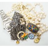 A group of assorted costume jewellery including two baroque pearl necklaces and a pair of