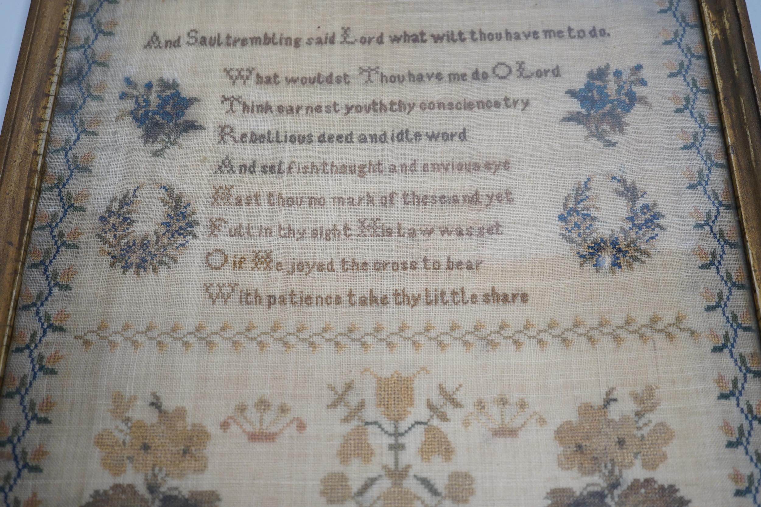 A mid 19th century framed sampler worked by Hannah Clarice, aged 13, 1853, embroidered with a - Image 3 of 4