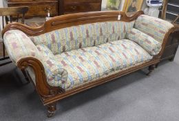 An early Victorian mahogany upholstered scroll arm settee, length 214cm, depth 62cm, height 90cm