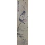 A late 19th / early 20th century Chinese watercolour, Blackbirds on a branch, 110 x 30cm