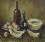 Russian School, oil on canvas, Still life of wine bottles and fruit, inscribed verso, 69cm x 63cm