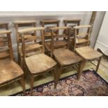 A set of ten elm and beech chapel chairs, width 37cm, depth 36cm, height 80cm