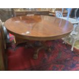 A WIlliam IV circular mahogany tilt top breakfast table on fluted column and lion's paw feet,