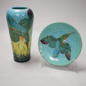 Sally Tuffin for Dennis China Works - ‘kingfisher’ pattern vase and plate. Vase 21cm