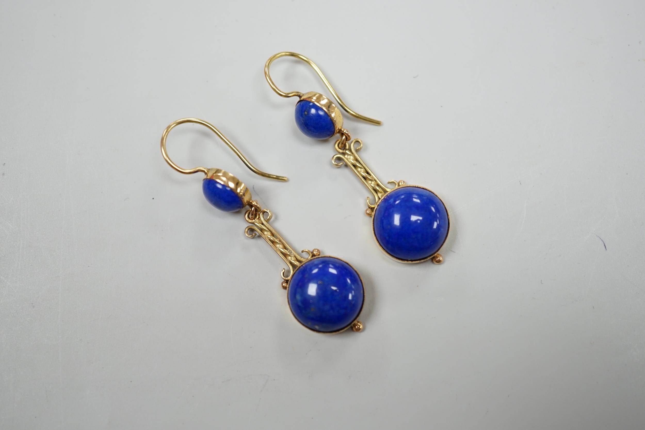 A pair of Victorian style gold and lapis lazuli drop earrings, 3.5cm, gross 7.6 grams - Image 3 of 3